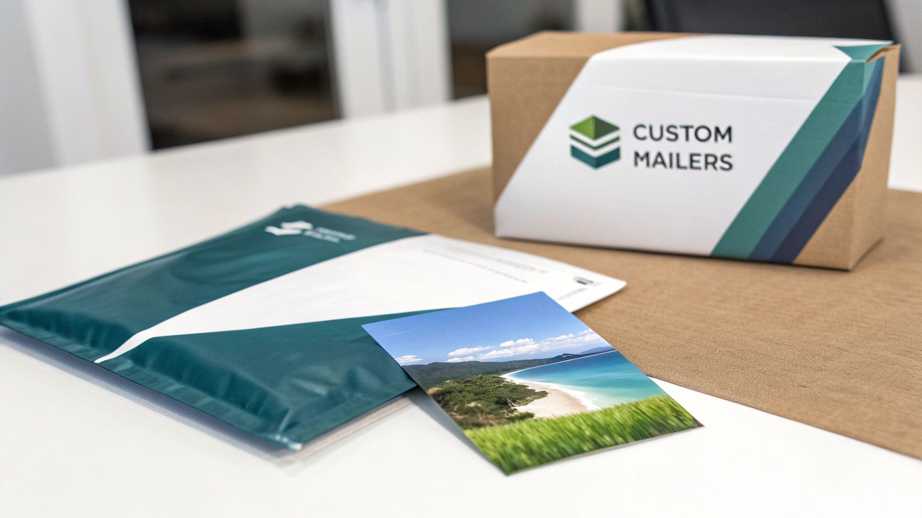 Custom branded poly mailer bags with promotional materials and shipping box on white desk