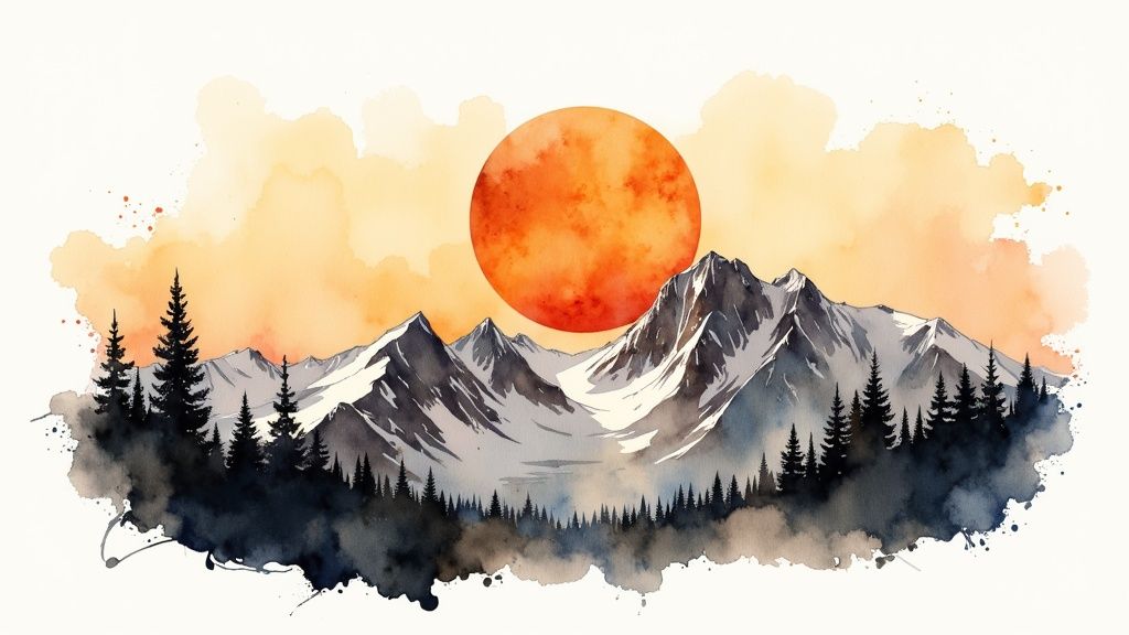 A postcard design showcasing a high-quality photograph of a scenic mountain landscape, with minimal text overlaid.