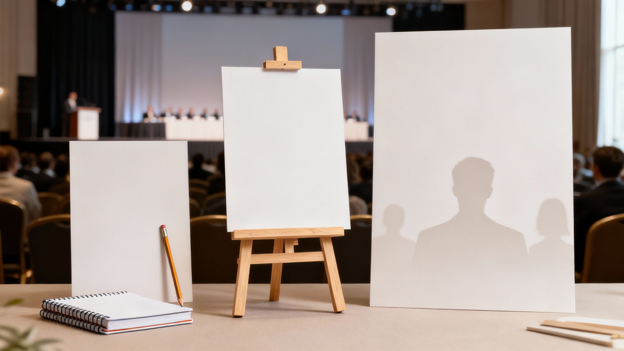 Blank white poster boards, an easel, notebooks, and pencils on a table in a conference room.