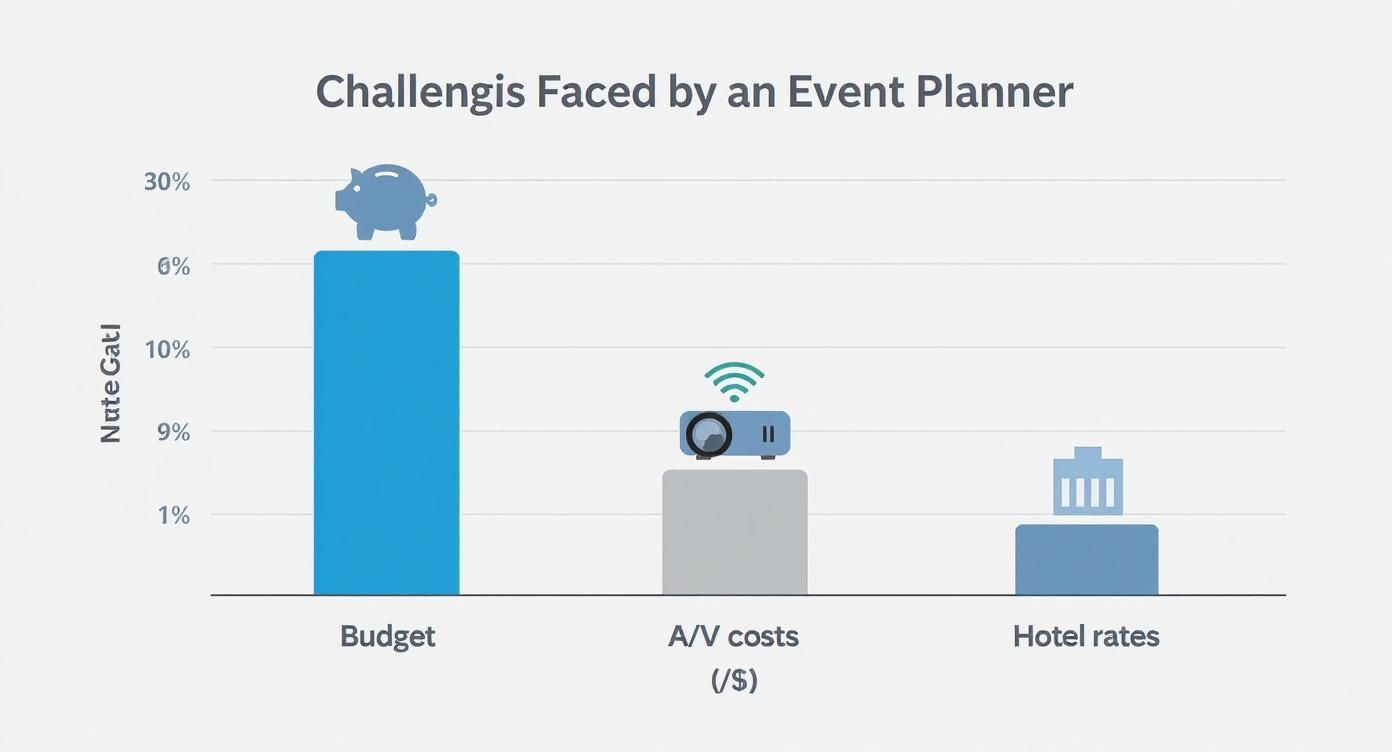 Infographic showing that budget, A/V costs, and hotel rates are major challenges for event planners.