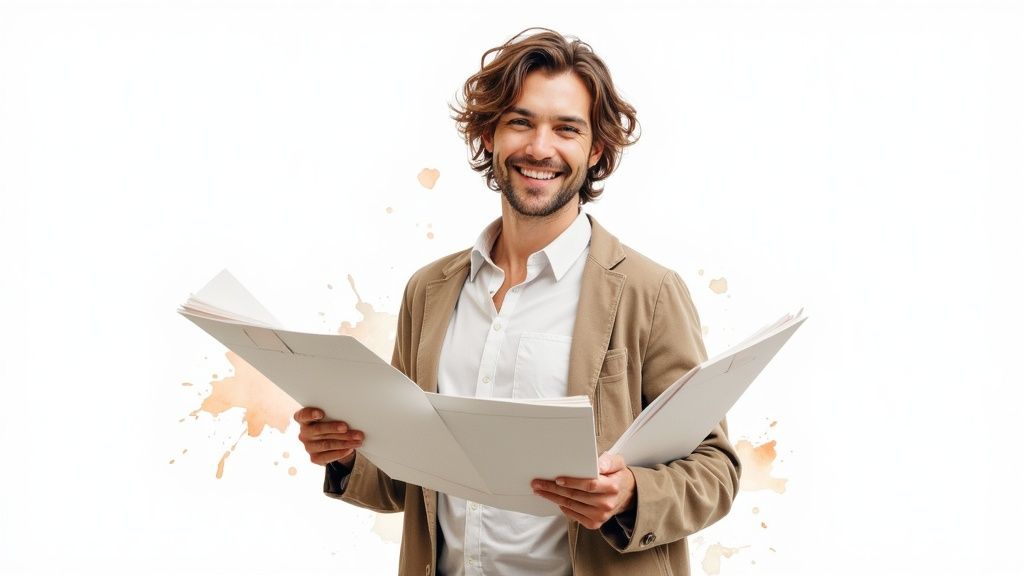 A collection of professionally printed brochures fanned out on a wooden table, showcasing different designs and vibrant colors.