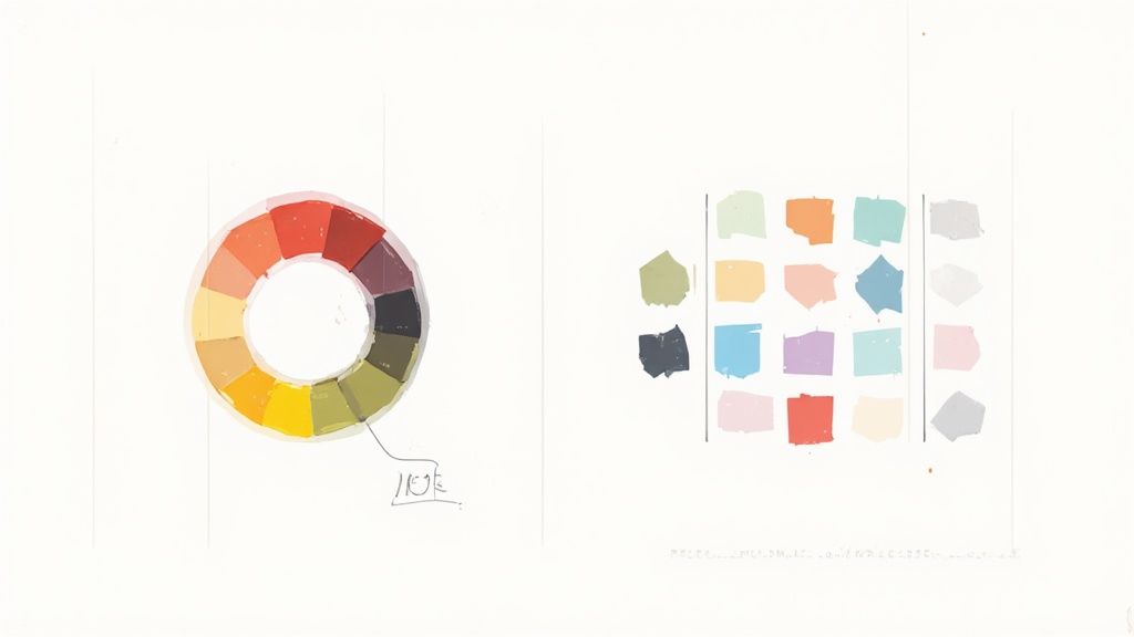 Colorful geometric shapes and lines arranged in a balanced composition