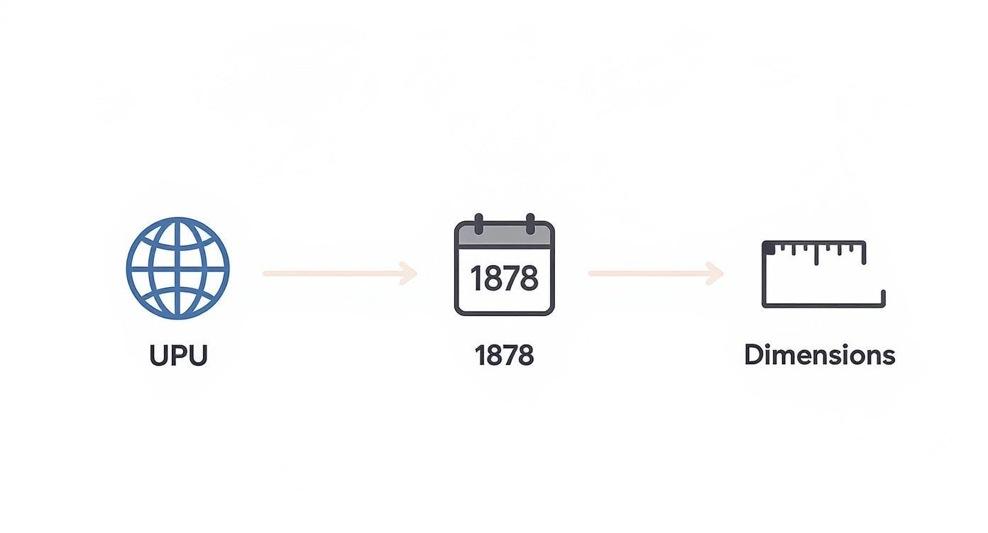 A diagram illustrating the timeline from UPU in 1878 to postal dimensions standards.