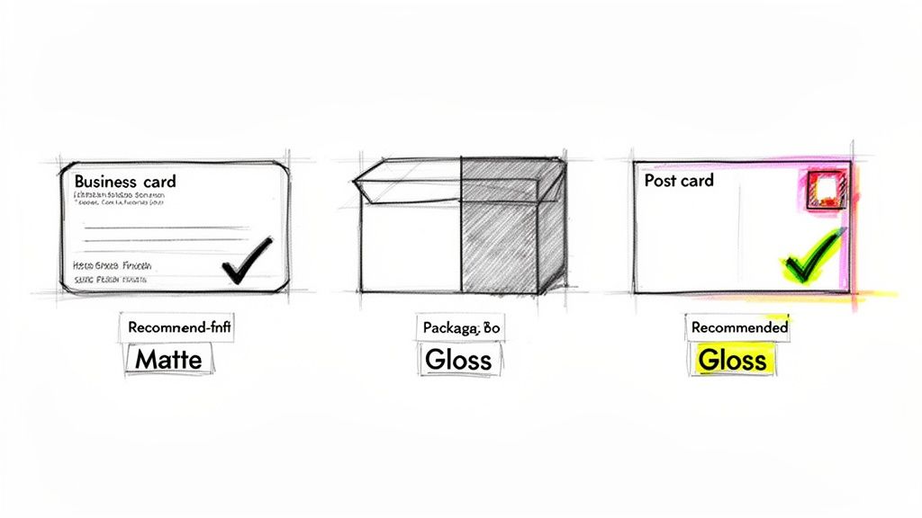 Sketches illustrating recommended finishes (Matte or Gloss) for a business card, package, and postcard.