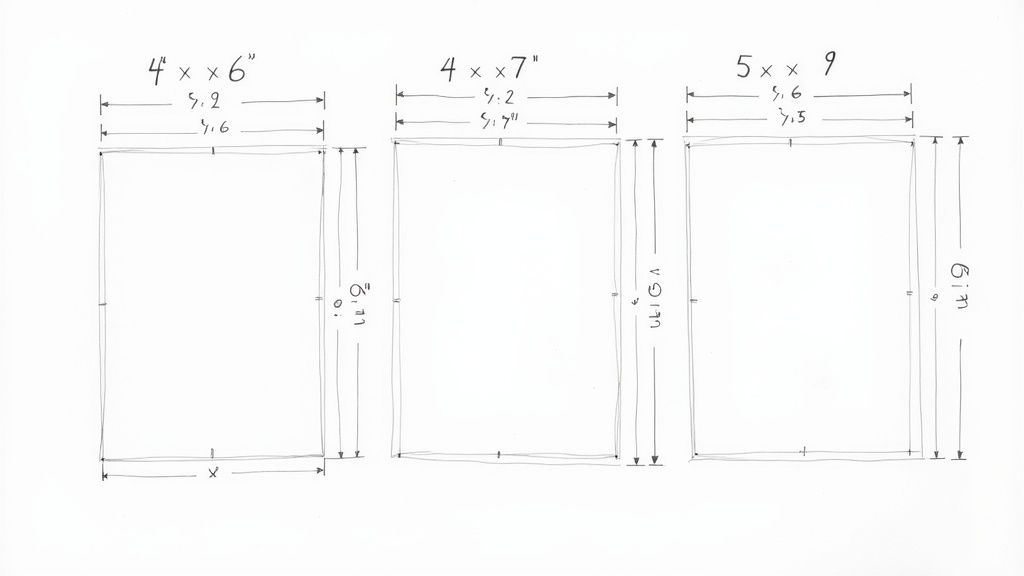 Hand-drawn diagrams illustrate three standard postcard sizes with cutting and bleed marks.