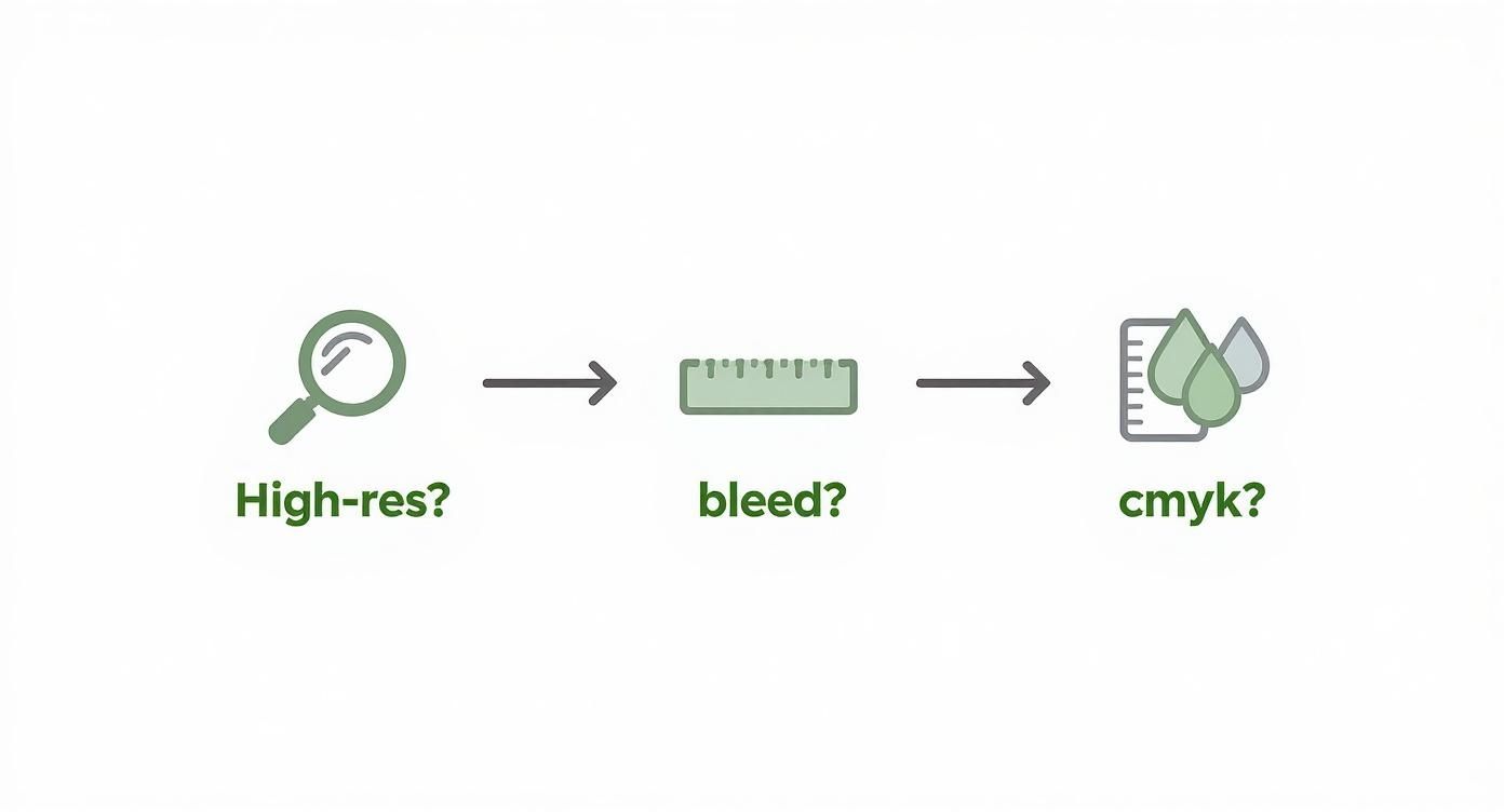 Print production workflow diagram showing high resolution inspection, bleed measurement, and CMYK color mode steps