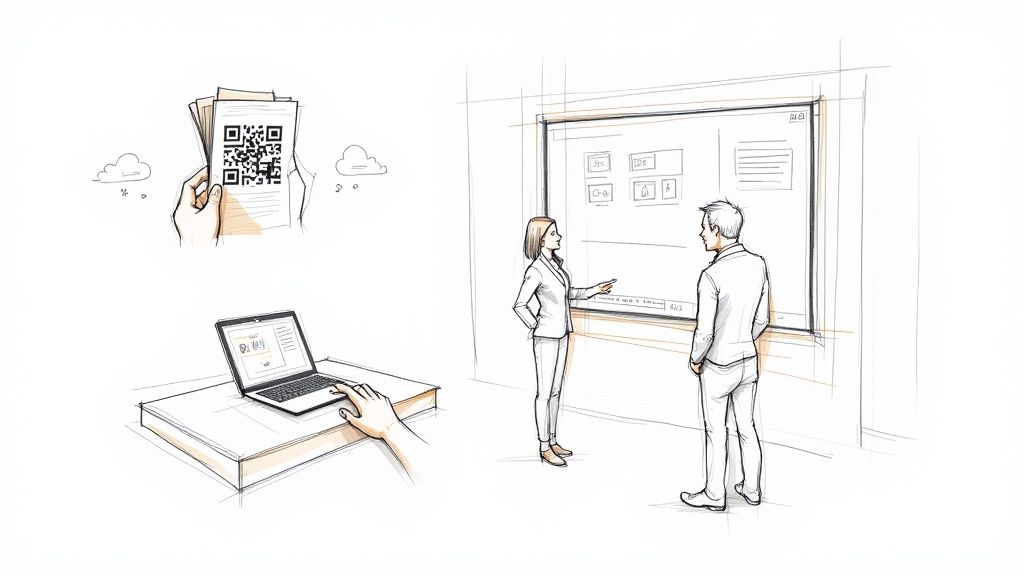 People interacting with digital screens at a modern trade show booth