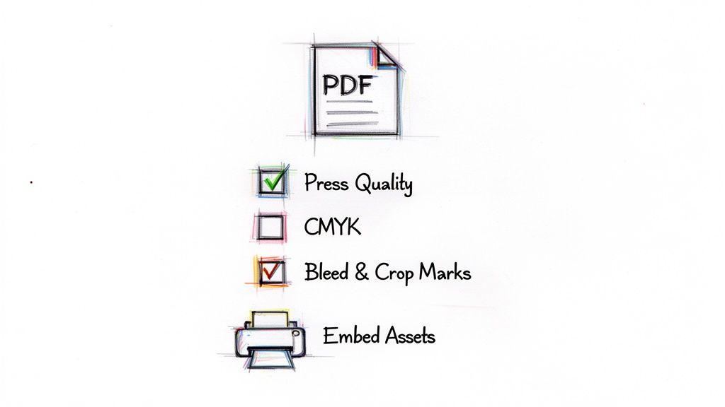 A checklist of print settings for a PDF, including press quality, CMYK, bleed and crop marks, and embed assets.