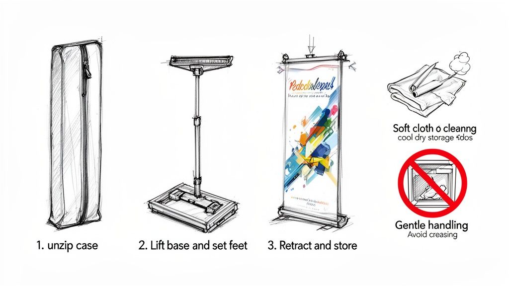 Illustrated guide showing steps for pop-up banner setup, storage, cleaning, and gentle handling instructions.