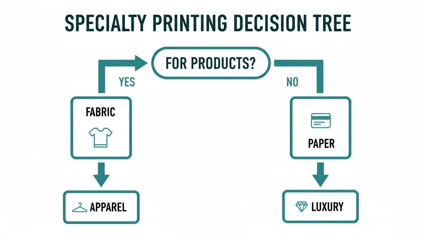 A specialty printing decision tree flow chart, asking 'For Products?', leading to fabric apparel or paper luxury.