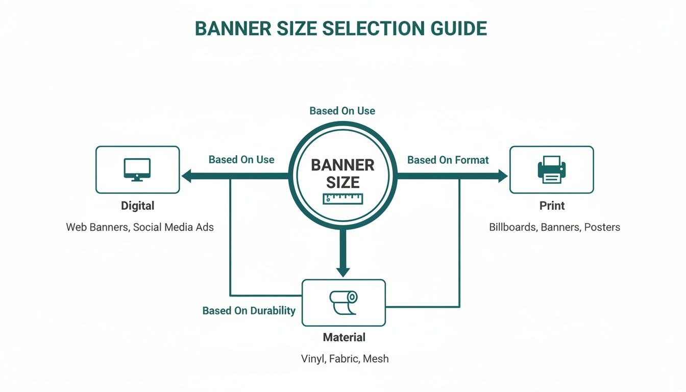 An infographic illustrating banner size selection factors: digital, print, and material types for banners.