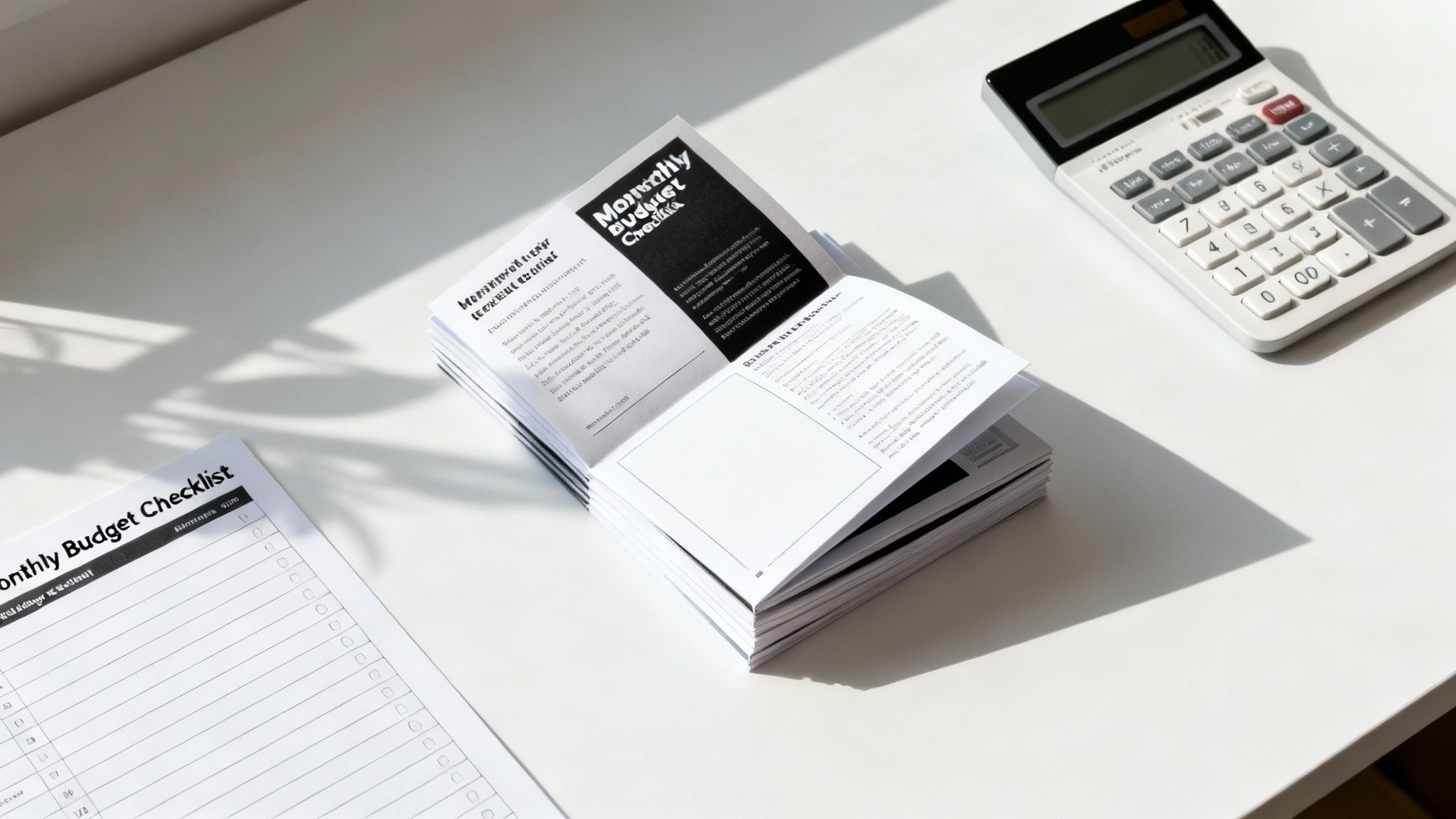 A white desk with open monthly budget checklist brochures, a blank checklist, and a calculator.