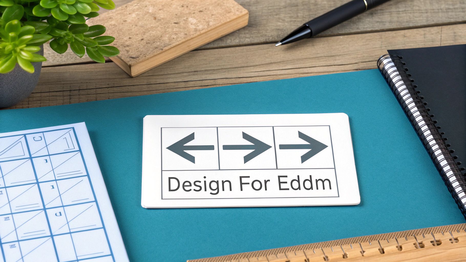 A designer laying out a postcard on a desk with swatches and rulers