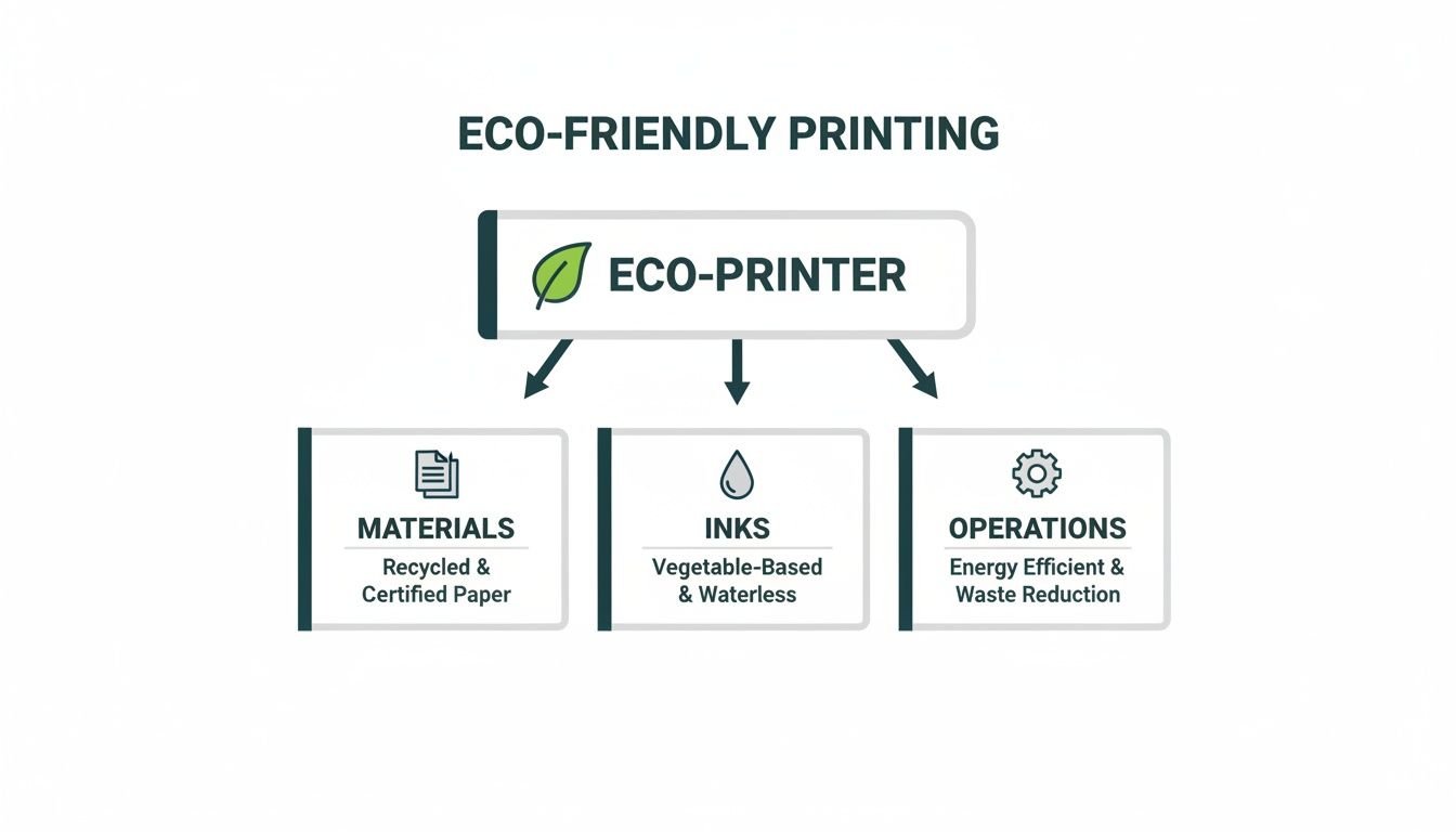 A diagram illustrating eco-friendly printing, detailing aspects like recycled materials, vegetable-based inks, and energy-efficient operations.
