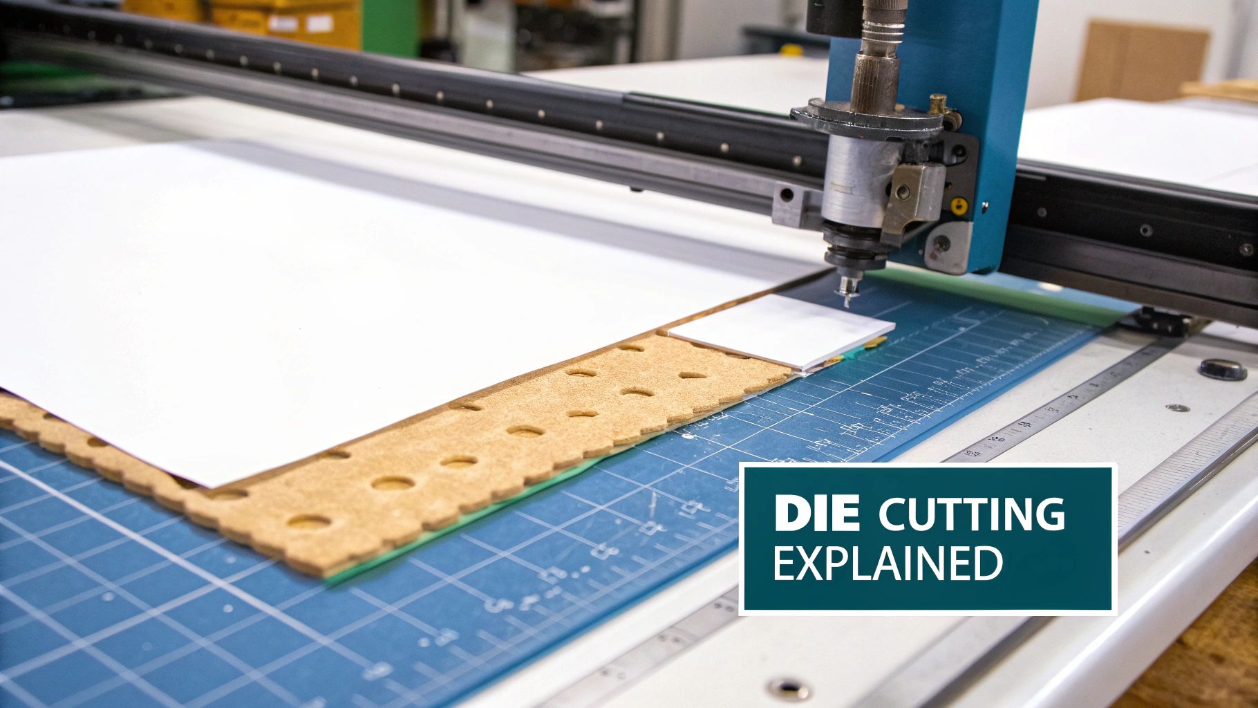 A flatbed die cutting machine in operation, cutting custom shapes from a large sheet of printed material.