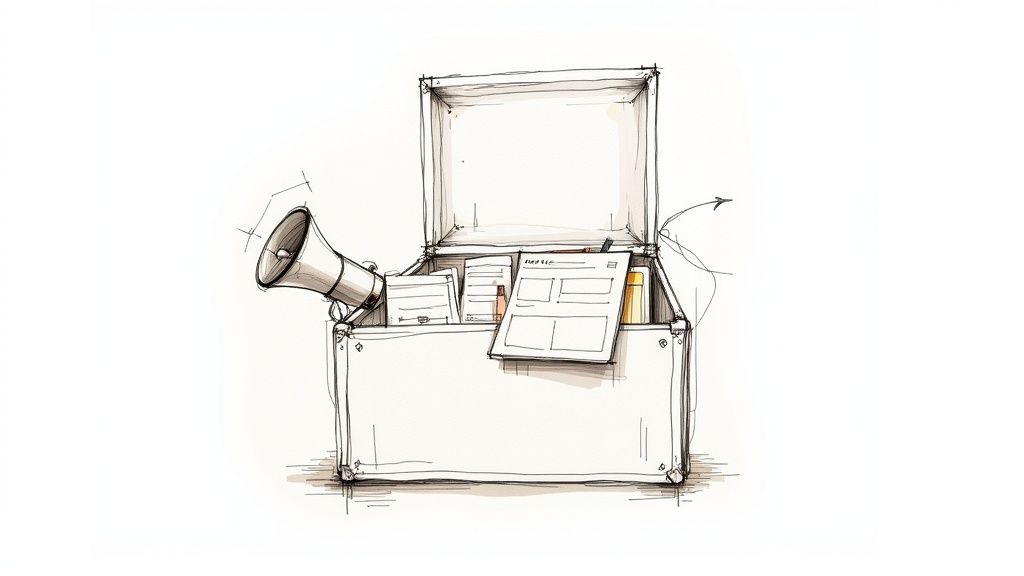 A collection of various marketing materials including brochures, business cards, and a tablet showcasing digital content.