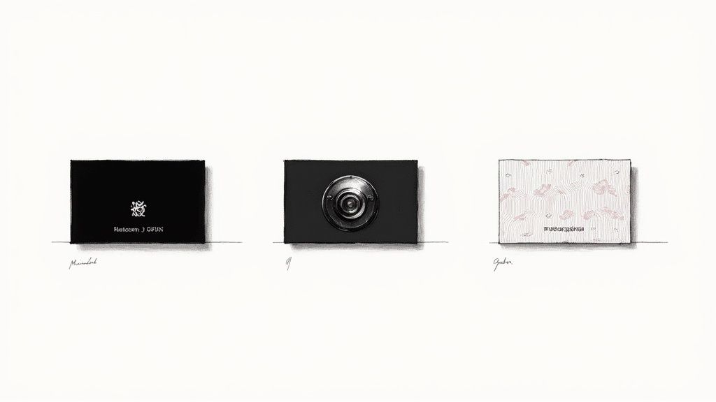 Three distinct business card designs: a black card with a white logo, another with a camera lens, and a patterned card.