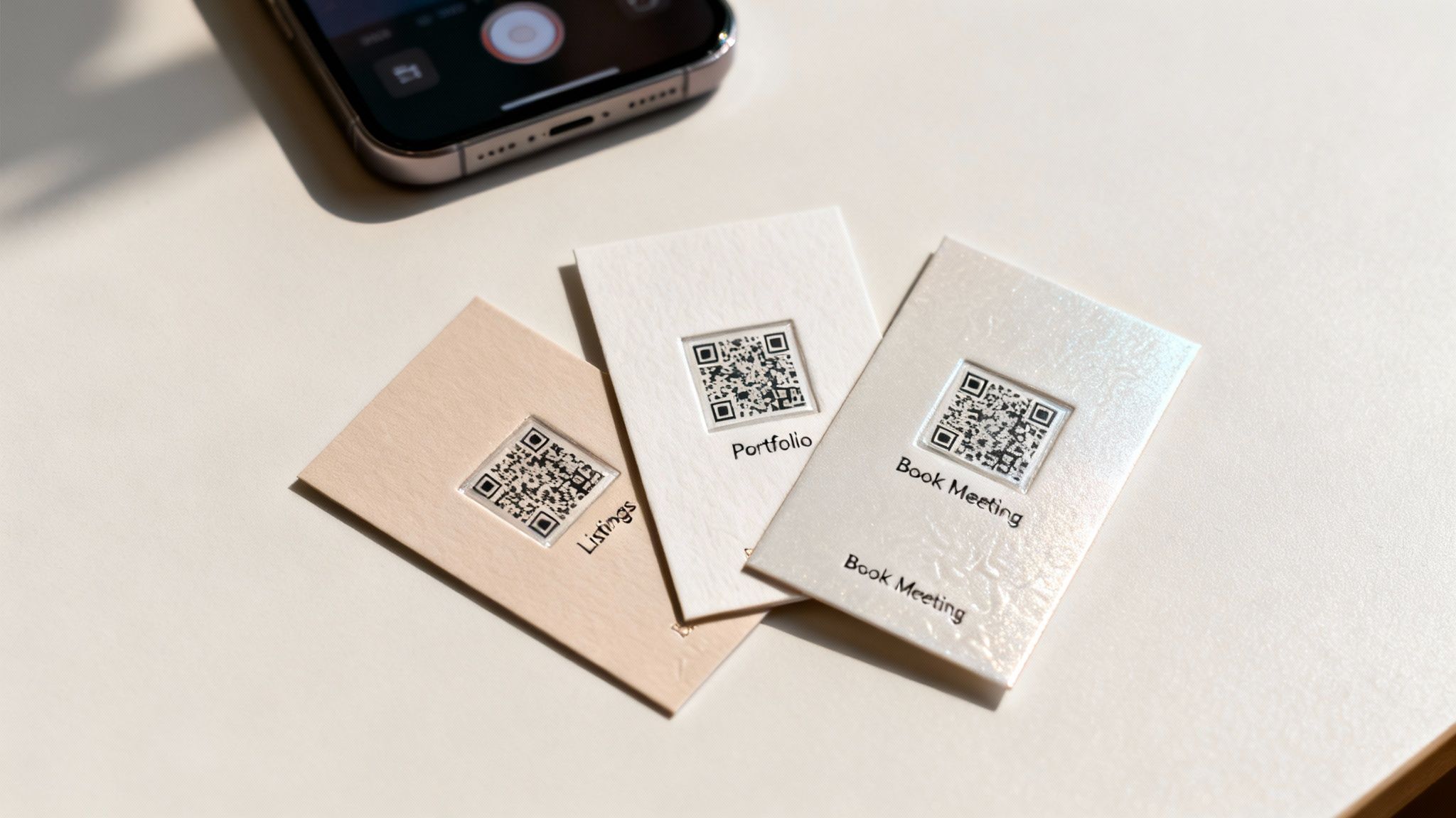 Three elegant custom business cards with QR codes for different purposes, next to a smartphone ready to scan.