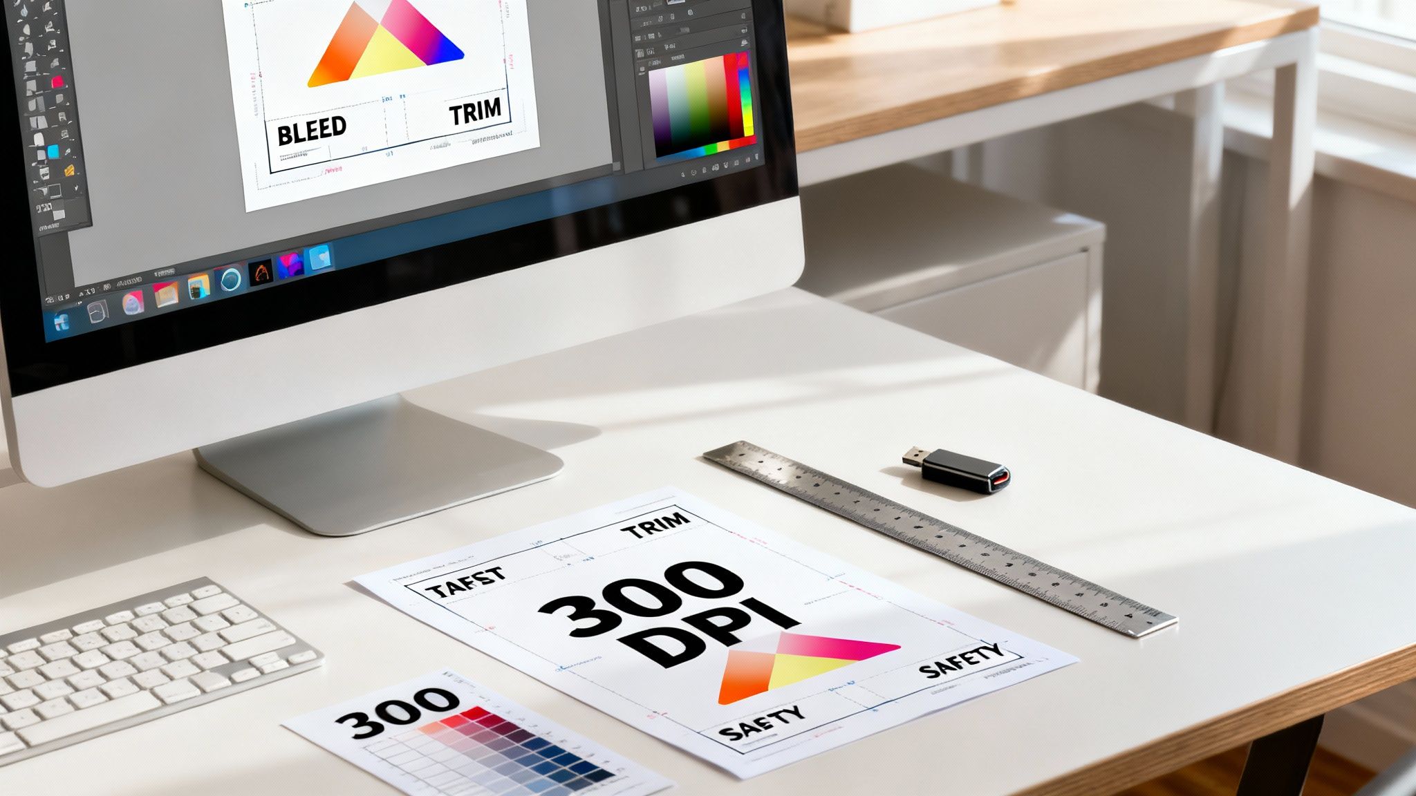 Modern graphic design workspace with a computer showing print layout, alongside design documents, a ruler, and USB.