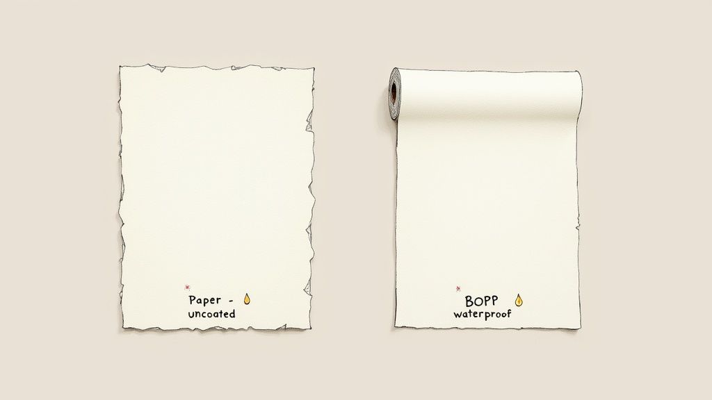 An illustration comparing a sheet of uncoated paper with torn edges and a roll of BOPP waterproof material.