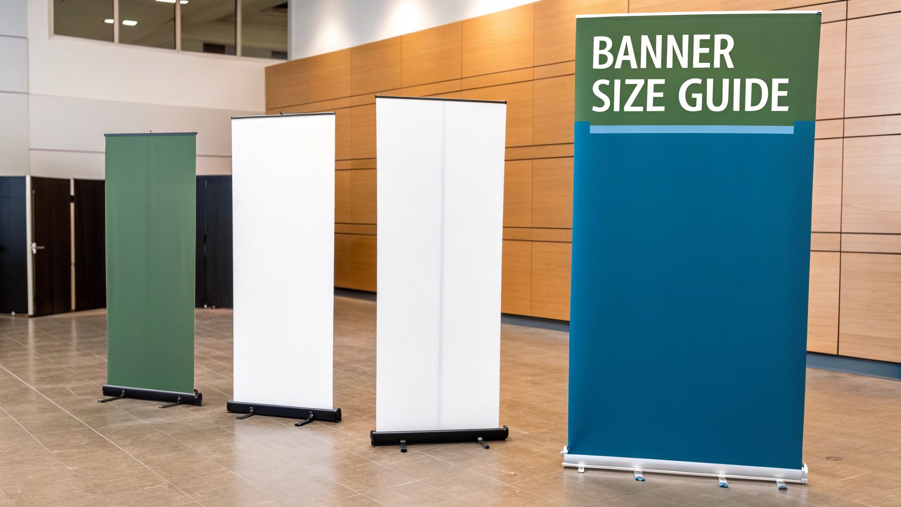 A retractable banner stand displaying a vibrant design in an office setting.