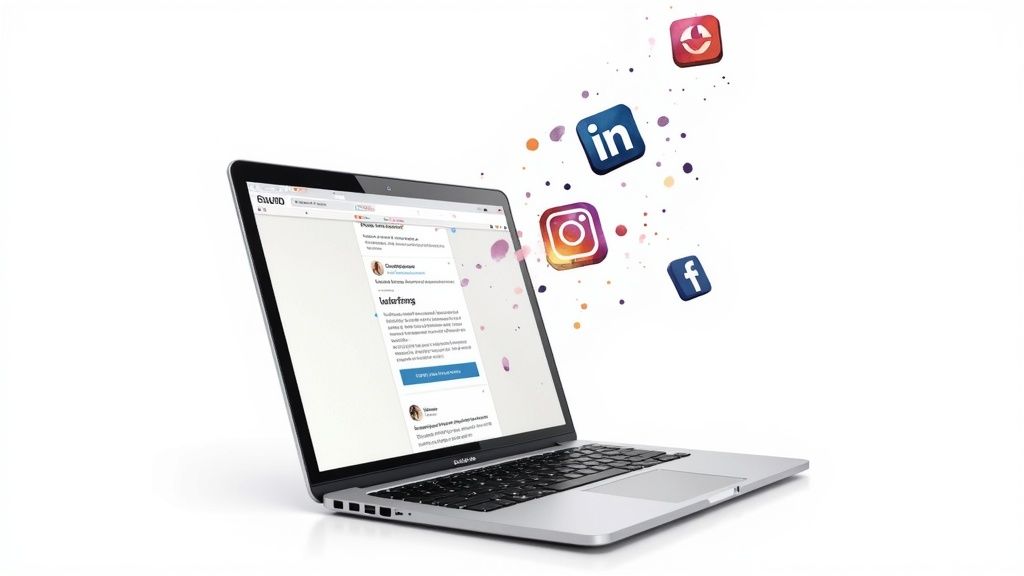 Person typing on a laptop with social media icons floating around