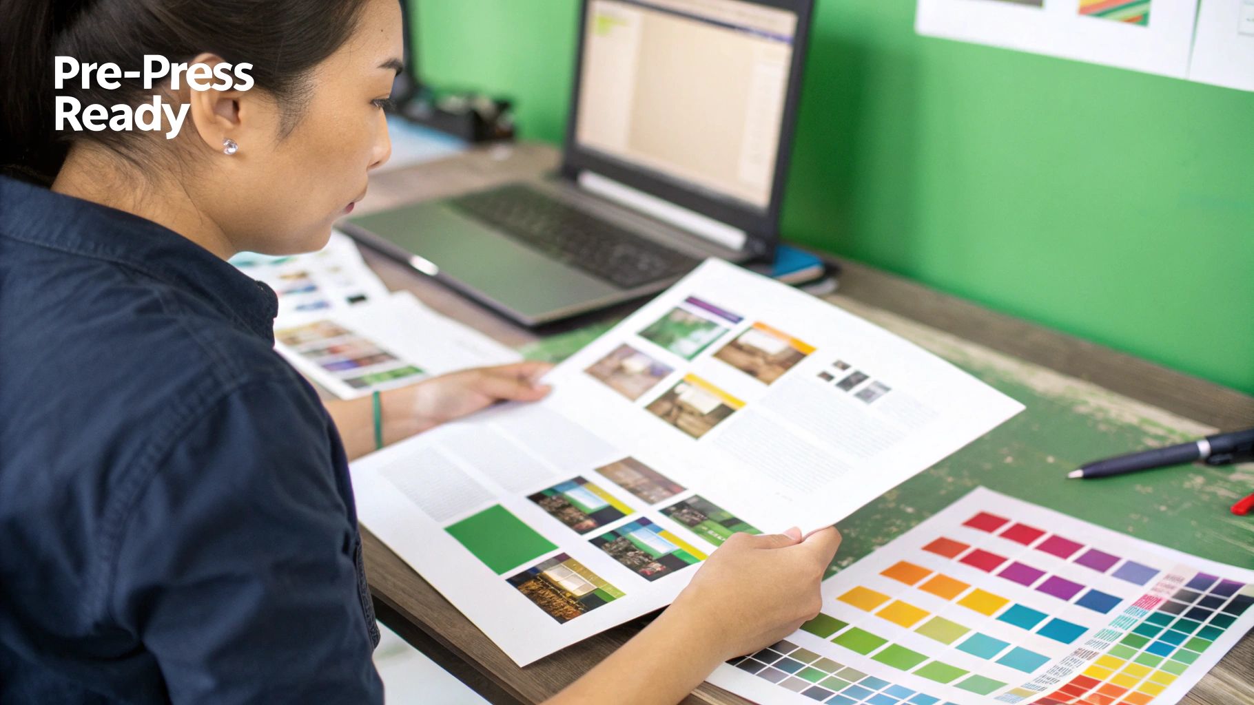 A stack of printed materials with a magnifying glass over them, highlighting the importance of quality control.