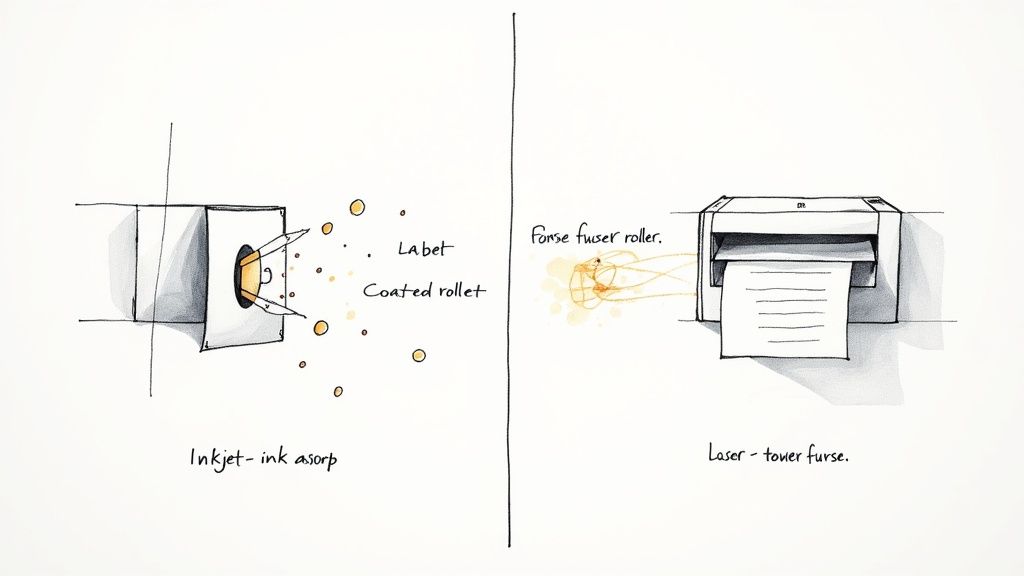 Diagram illustrating two printing technologies: inkjet shows ink absorption, and laser shows toner fusing with a printer.