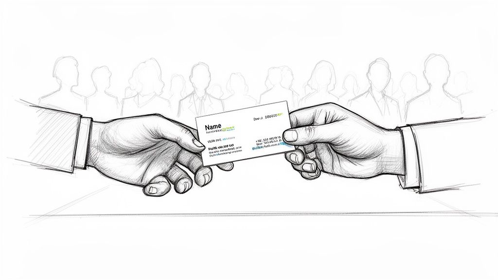 Pencil sketch of two hands exchanging a business card, with blurred people in the background.