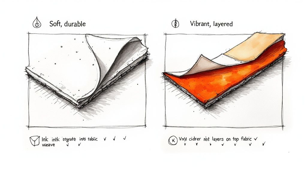 Comparison of two fabric printing methods: integrated ink for soft durability versus layered vinyl for vibrant effects.