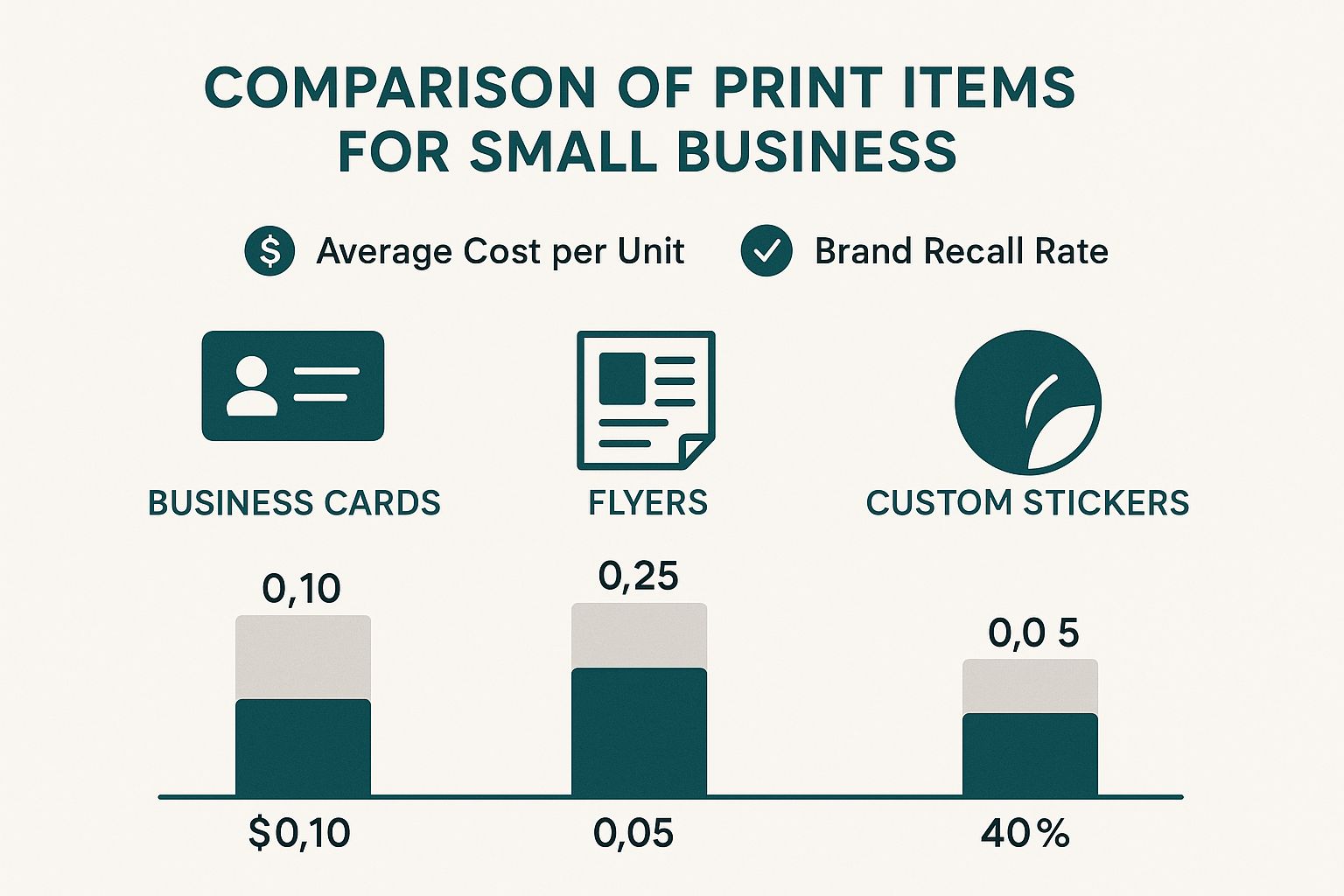 Infographic comparing business cards, flyers, and custom stickers based on cost and brand recall.