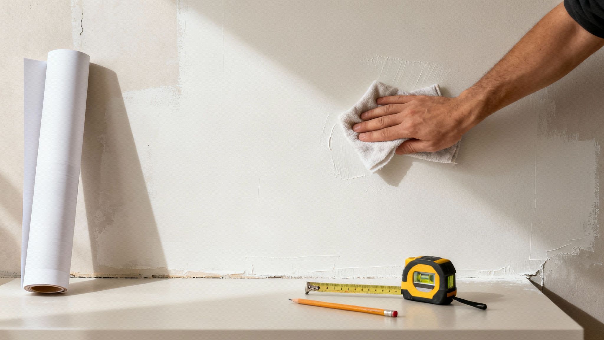 A person cleans a wall with a cloth, with wallpaper rolls and tools nearby, preparing for decoration.