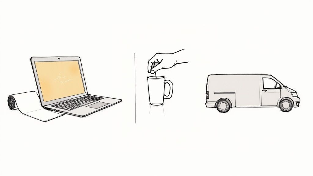 A sketch of a laptop with paper, a hand dipping into a mug, and a delivery van.