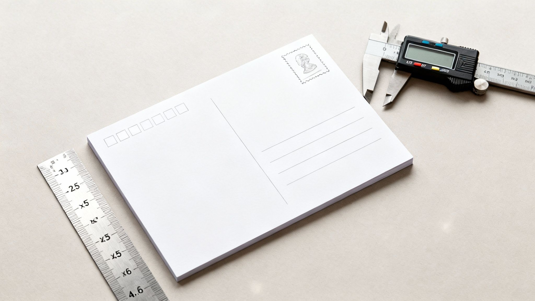 A blank white postcard with a ruler and digital caliper on a light beige surface.