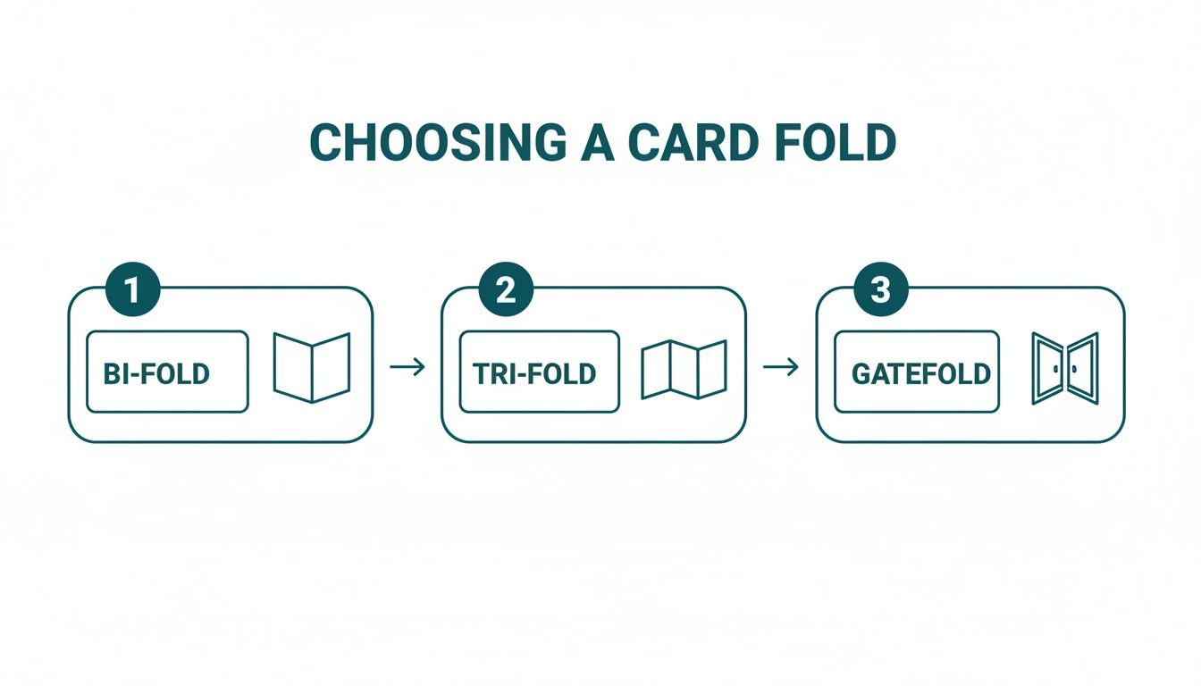 Infographic illustrating three types of card folds: Bi-Fold, Tri-Fold, and Gatefold, with icons.