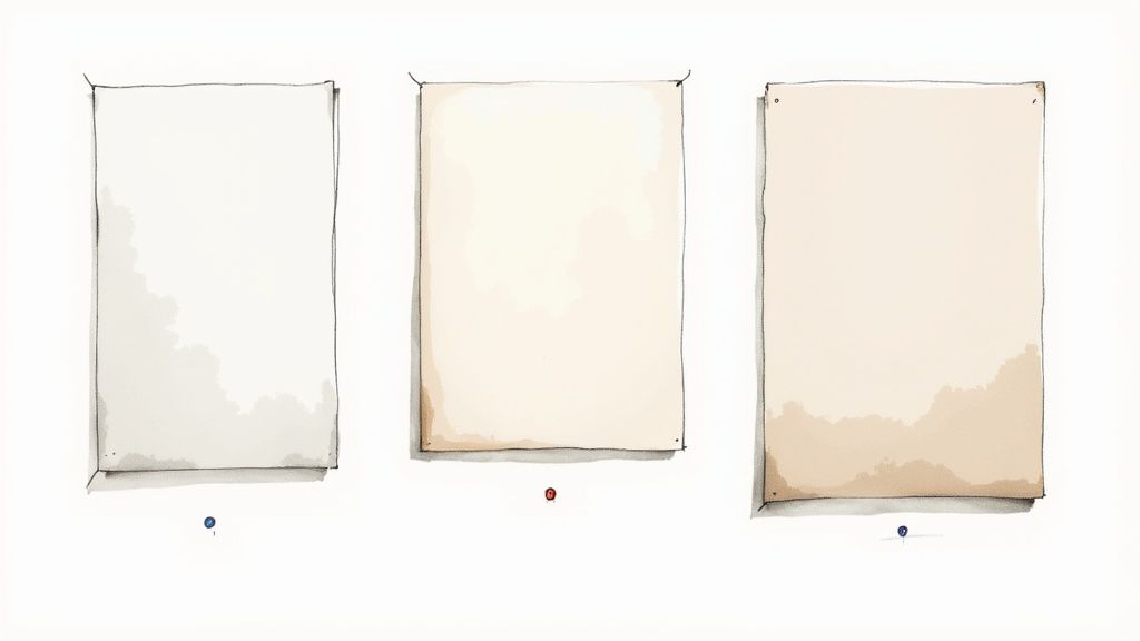 A hand feeling different paper samples and finishes for poster printing.