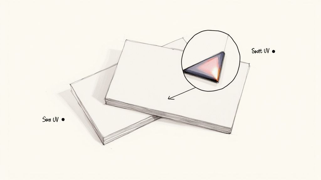A sketch showing two paper stacks with a magnified detail illustrating a triangular Spot UV finish.