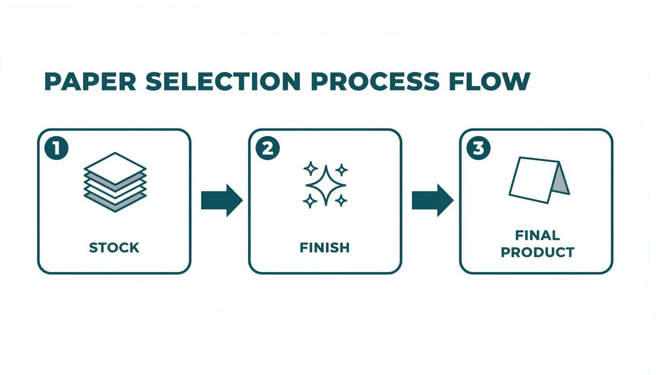 A process flow diagram illustrating paper selection steps: Stock, Finish, and Final Product.