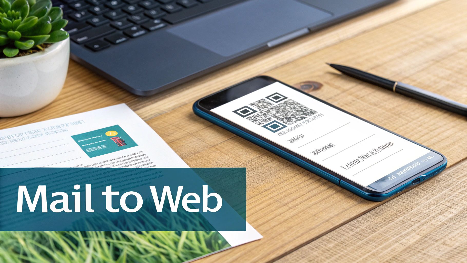 Smartphone displaying QR code for digital marketing integration beside laptop and business documents on desk