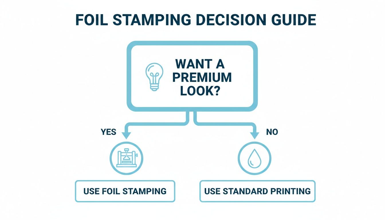 A decision guide flowchart illustrates whether to use foil stamping or standard printing for a premium look.