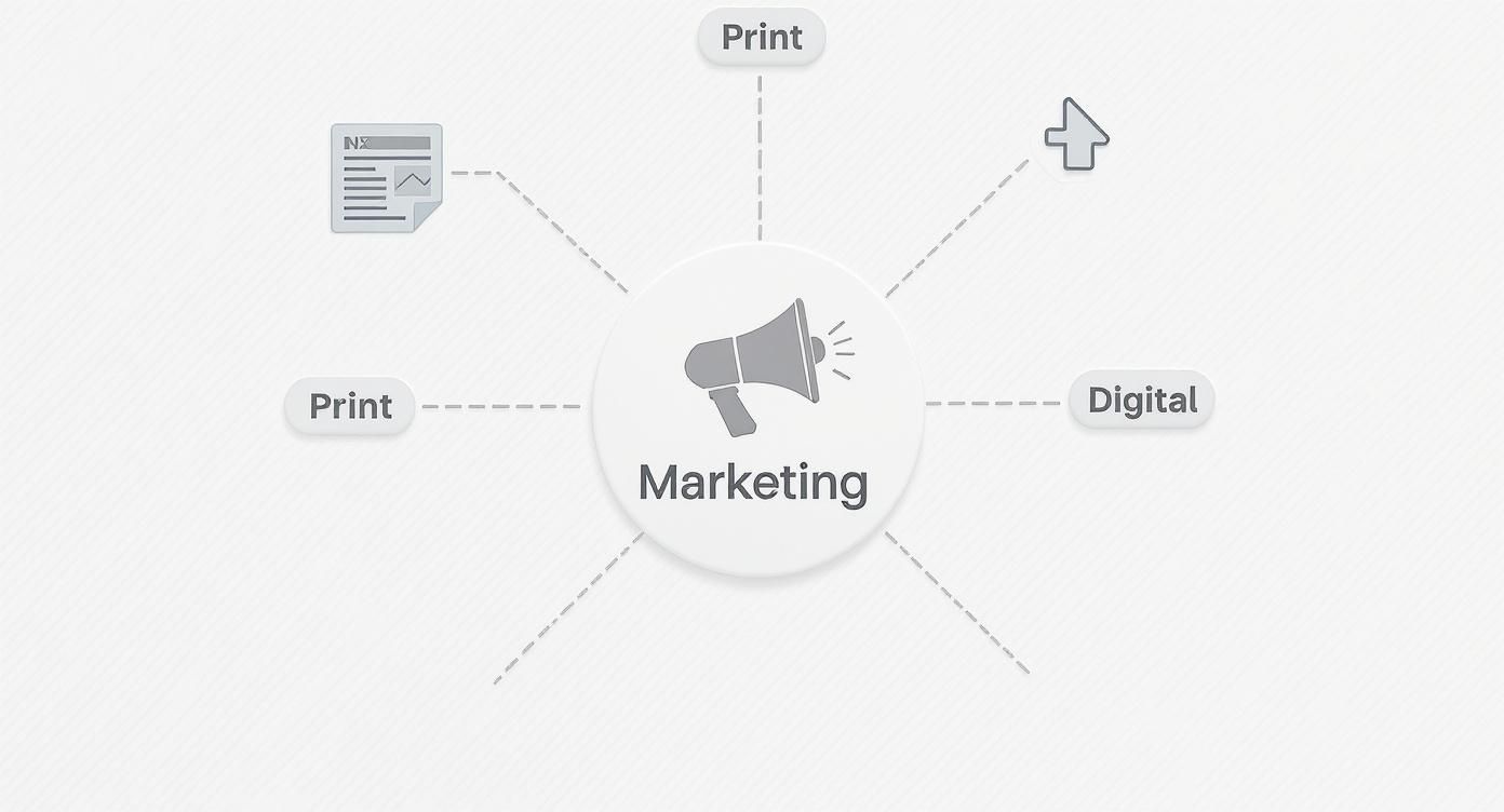 Marketing diagram showing print and digital channels branching from central megaphone icon