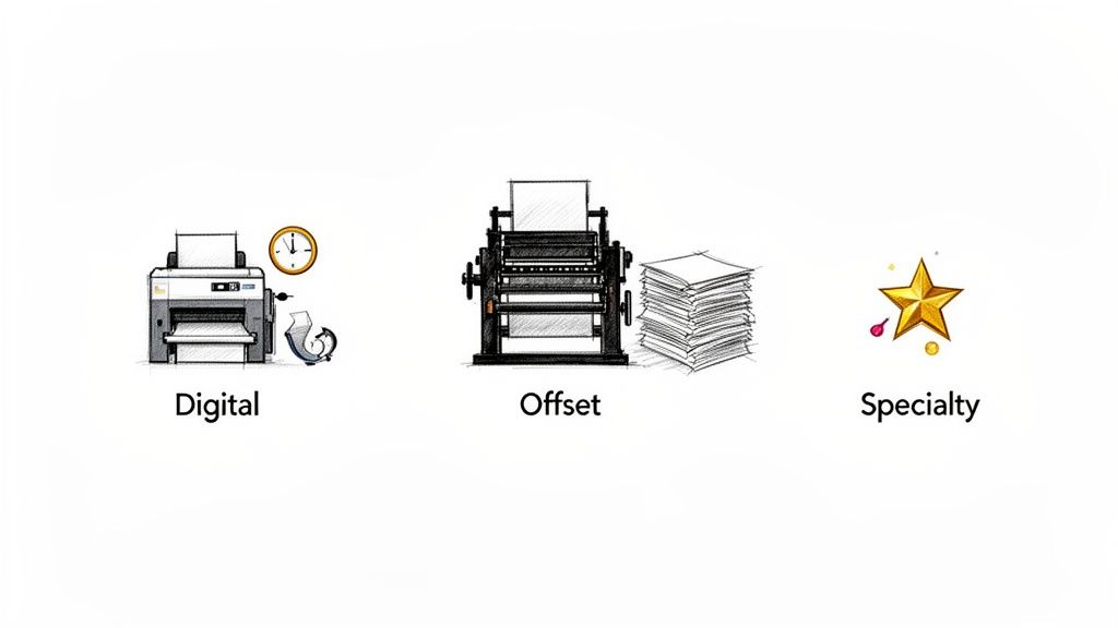 Illustrations depicting three primary types of printing: digital, offset, and specialty methods.