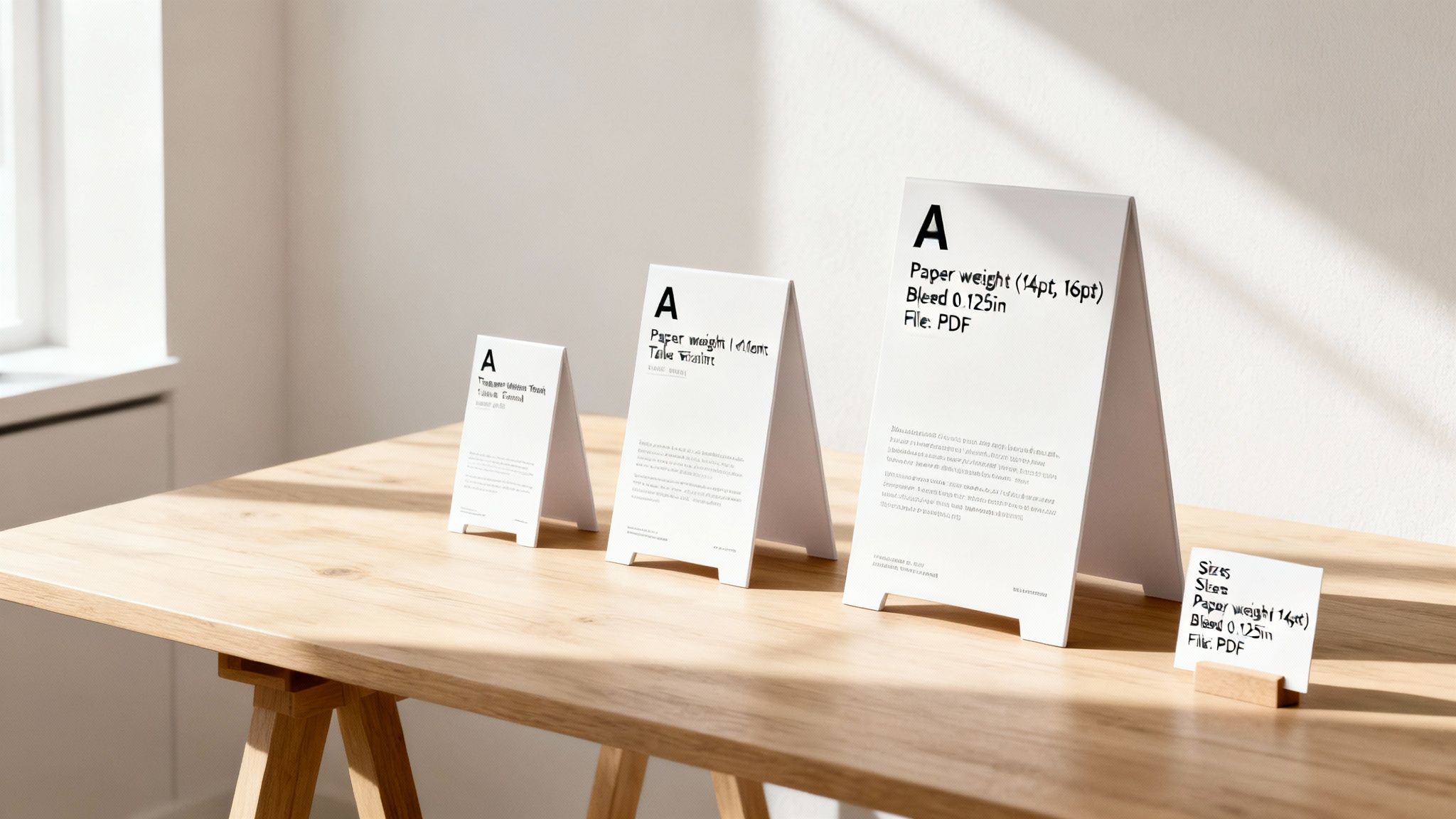 Three white table tents of varying sizes with text and a small note displayed on a wooden table.