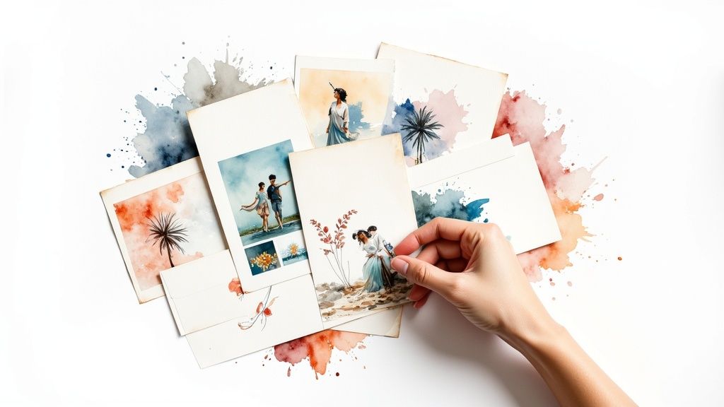 A person placing a beautifully designed postcard into a clean, white envelope.