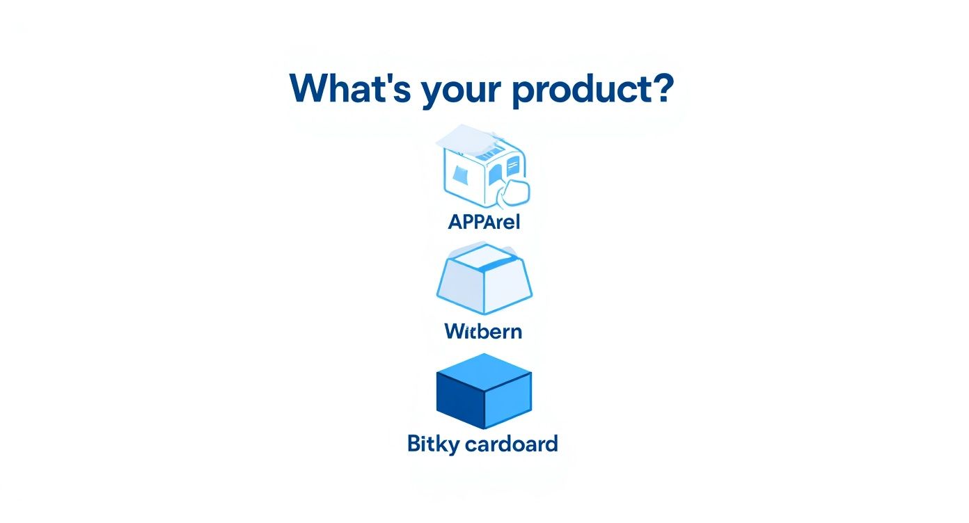 Three ecommerce product categories displayed: apparel with clothing icons, Witbern box packaging, and Bitky cardboard shipping boxes
