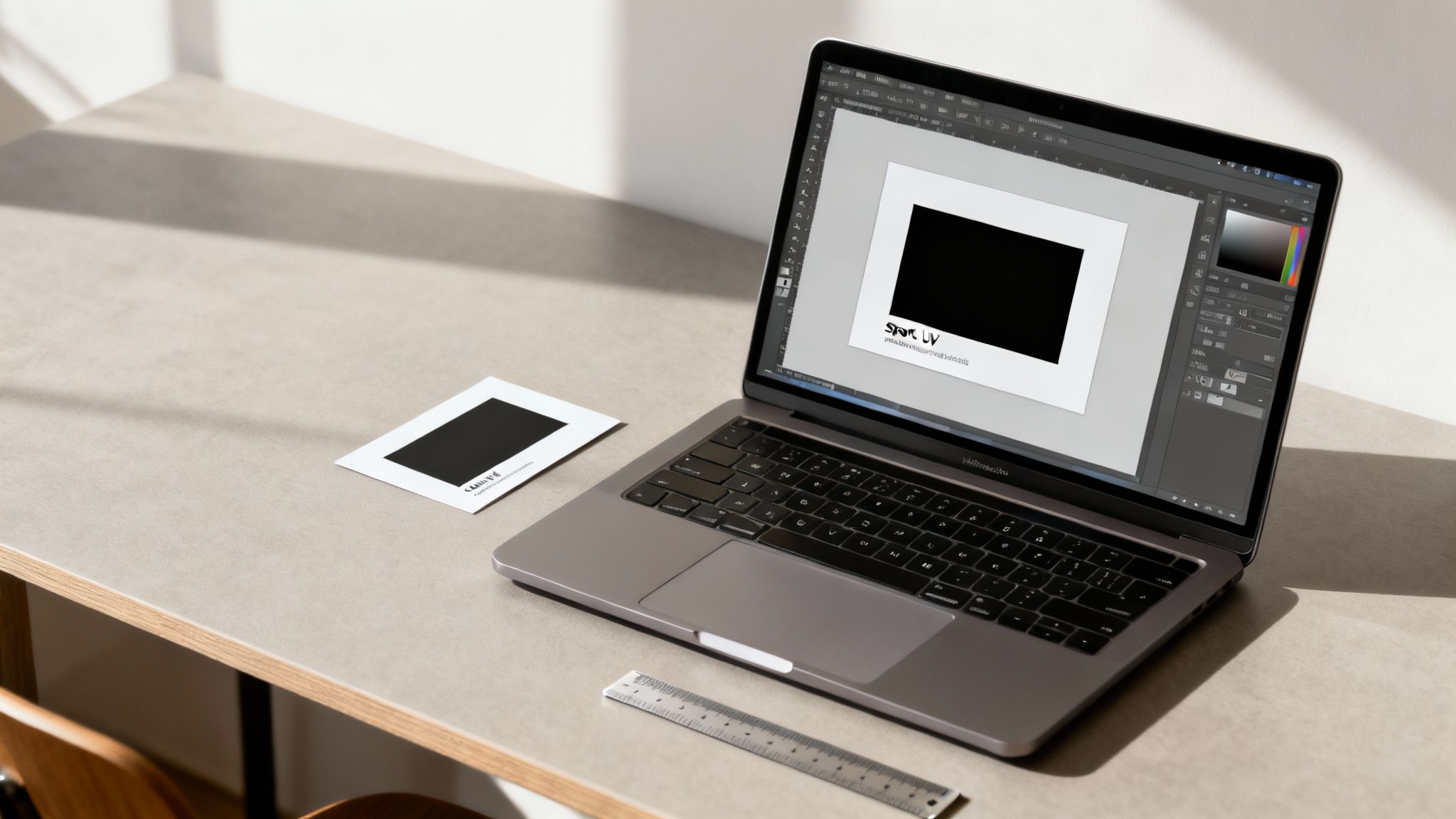 A laptop showing design software for a UV business card next to a physical card and ruler on a desk.