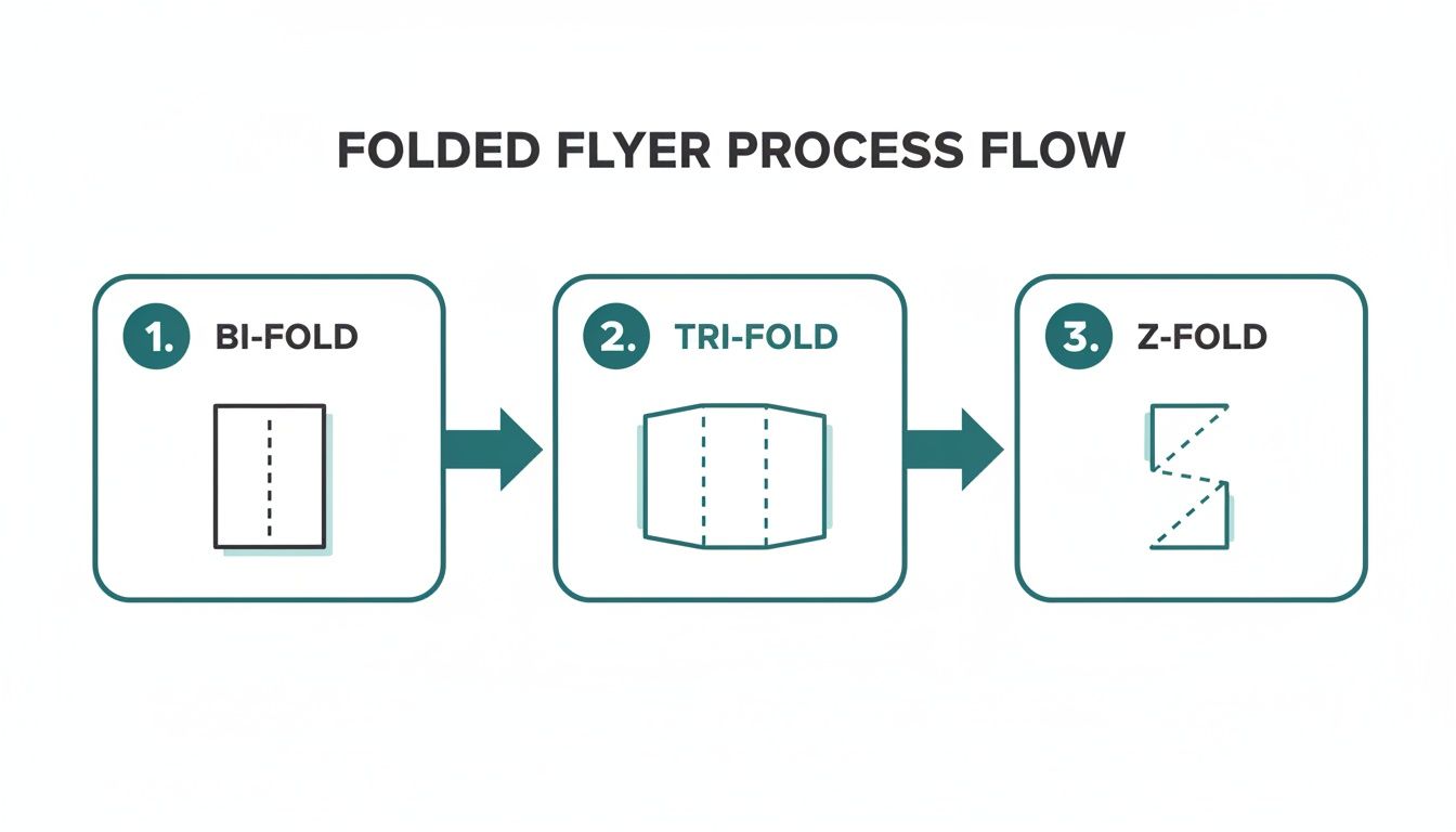 Folded flyer process flow diagram illustrating bi-fold, tri-fold, and z-fold styles with sequential arrows.