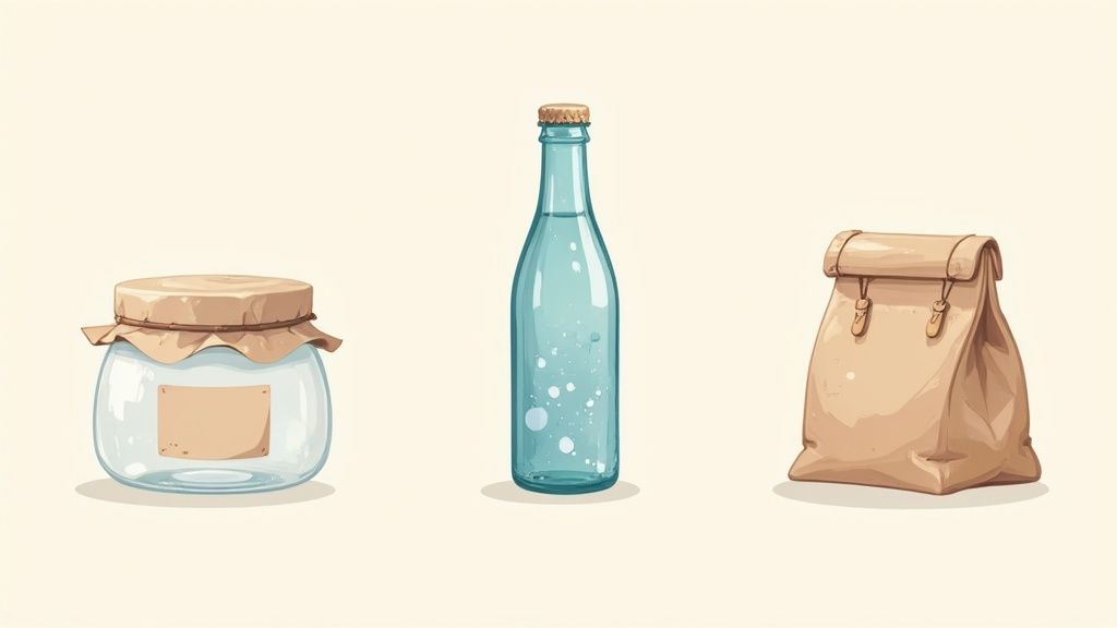 A variety of label materials and finishes are displayed, showing matte, gloss, and textured options.