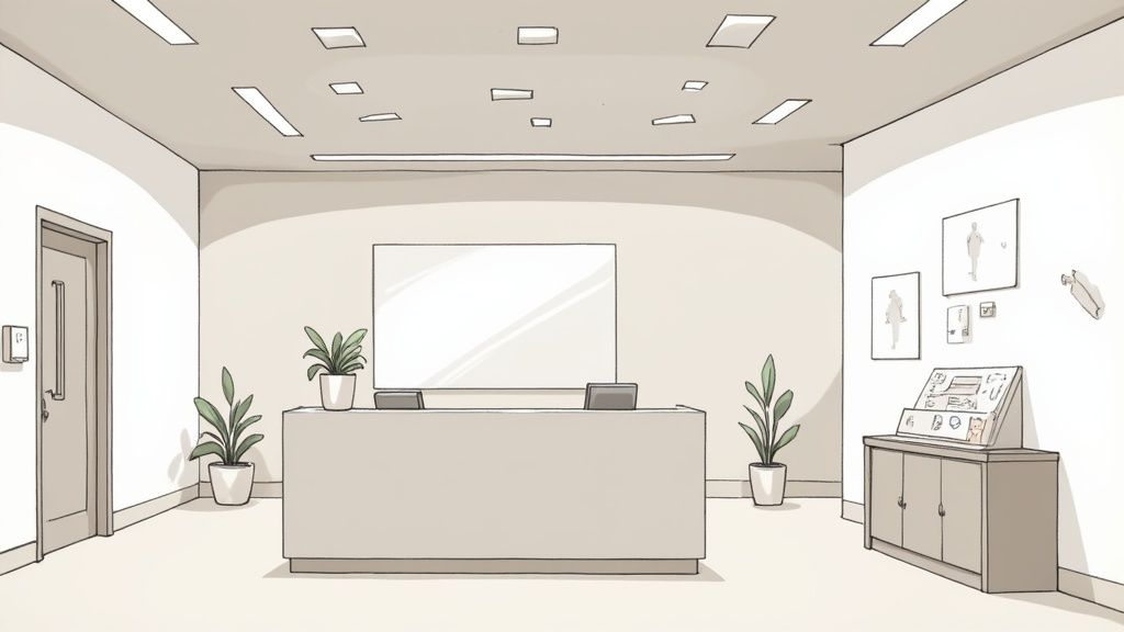 An inviting indoor sign in a modern office lobby