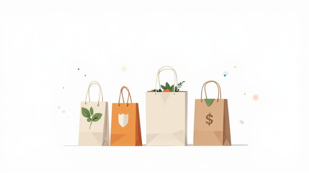 A person holding a stack of custom logo shopping bags made from different materials like paper and fabric